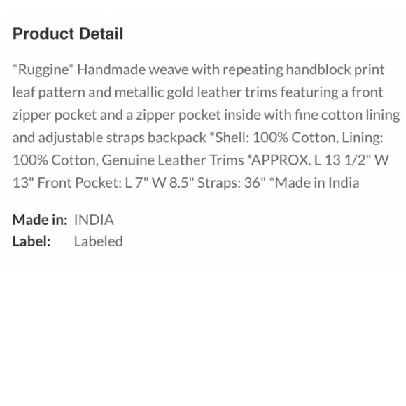 New! Ruggine Handmade Weave / Block Print Durable Backpack Bag - Picture 6 of 6